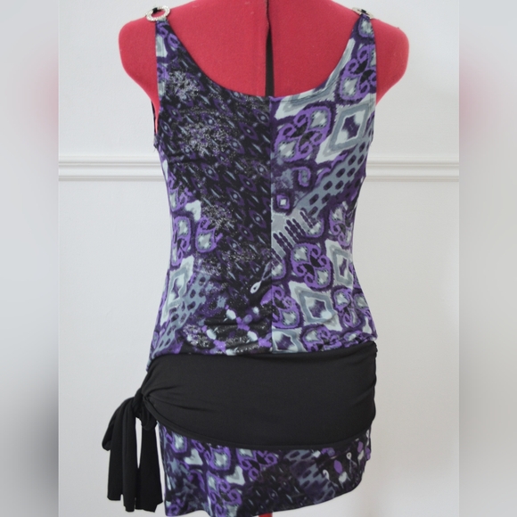 Purple Patterned Cowl Neck Top With Side tie Belt And Rhinestone On Straps - Picture 4 of 4